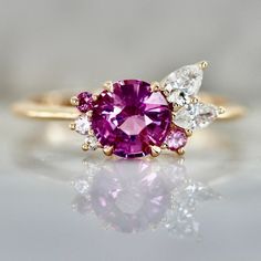 Gem Breakfast, Sapphire Cluster Ring, Yellow Gold Sapphire Ring, Pink Sapphire Ring Engagement, Alternative Bridal, Cluster Rings, Bridal Wedding Rings, Perfect Sense, Pink Moon