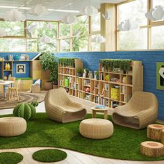 a living room filled with lots of furniture and green carpeted flooring next to windows