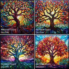 four different stained glass paintings depicting trees and the names of their respective branches, all in bright colors