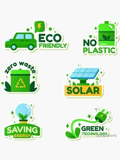 four stickers that say no plastic and have green energy symbols on the side of them