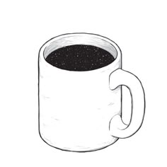 a cup of coffee with black liquid in it on a white background, drawn by hand