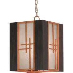 a light hanging from a chain with an iron frame and glass panels on the front