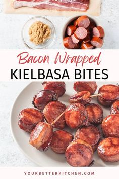 bacon wrapped kielbasa bites on a white plate