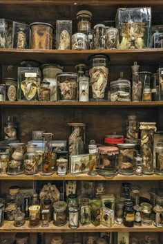 an old wooden shelf filled with lots of jars and other items on top of it