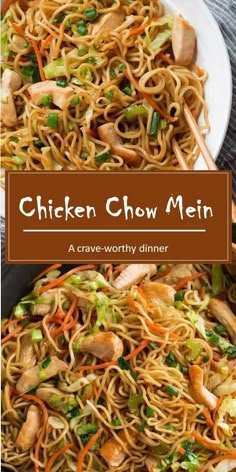 chicken chow mein in a pan with chopsticks on the side and text overlay