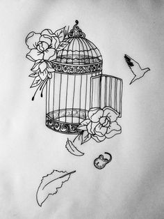 a drawing of a birdcage with flowers on it