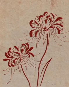 two red flowers on a brown background with swirls in the middle and one flower at the top