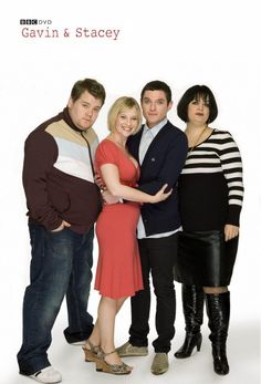 a group of people standing next to each other in front of a white background with the words gavin & stacey on it