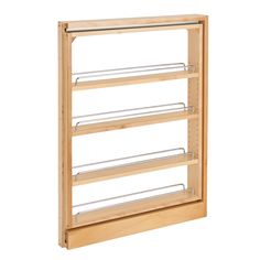 a wooden shelf with metal shelves on it