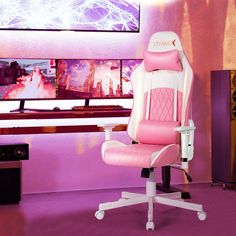 a pink and white computer chair sitting in front of a television screen with the word gaming on it