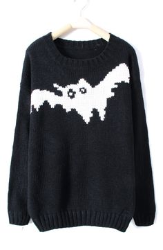 Halloween Sweater - www.SheInside.com - Shown: Black and White Bat Pattern Ribbed Jumper Sweater $31.94 (Cheap! ! !) Bat Face, Face Details, Bat Pattern, Pull Over Sweater, Latest Sweater, Clothes Closet, Pattern Sweater, Cute Sweaters