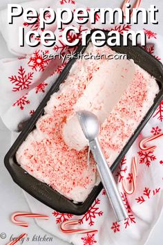 peppermint ice cream in a pan with a spoon