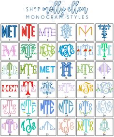 the monogram font and numbers in different colors are shown on this printable poster