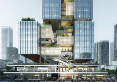 an architectural rendering of a building with plants growing on the top and bottom floors, surrounded by tall buildings