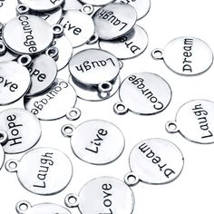 Store New Arrivals Add to Favorite View Feedback Contact  60Pcs Inspirational Words Pendants round Double-Sided Lettering Charms Jewelry Findings for Crafting Necklace Bracelet,Antique Silver Description Gem Type alloy Material Silver Metal Silver Package Dimensions 4.41 x 2.6 x 0.28 inches; 3.21 ounces 60pcs Inspirational Words Pendants Round Double-sided Lettering Charms Jewelry Findings for Crafting Necklace Bracelet,Antique Silver Specification Material: alloy Color: silver Size: 17 * 14mm Quantity: 60pcs Feature DELICATE DESIGN: A flat round charms, engraved with inspiring words. Antique metal of the beads seem vintage which is fashionable and stylish. GIFTS PREFERENCE: Wonderful gifts for your friends, families, and lover. Handmade gifts with motivational words, everyone will be touc Cheap Personalized Round Charms, Gold Charms, Jewelry Making Charms, Silver Charm Bracelet, Motivational Words, Letter Charms, Jewelry Projects, Gold Charm, Silver Hoop Earrings