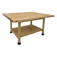 a wooden table with wheels on the bottom and one shelf below it that is empty