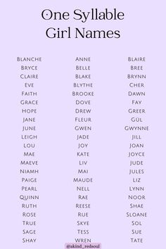 one syllable girl names on a purple background