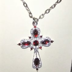 Sterling Silver Filled Chain Holding A Cross Pendant With Red Garnet Crystals. Silvertone Cross Measures 2"L. Chain Is 18 Inches Plus A 1-In Extender Chain. New On Card. Red Cross Necklace, Dream Things, Garnet Crystal, Crystal Cross, Hand Crafted Jewelry, Cross Jewelry, Red Crystals, Red Garnet, Things To Buy