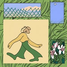 an image of a woman walking in the grass with flowers and plants around her,