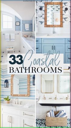 the bathroom is decorated in blue and white with text overlay that reads 33 coastal bathrooms