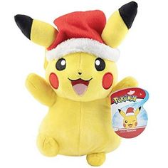 a stuffed toy with a santa hat on it's head and arms in the shape of a pikachu