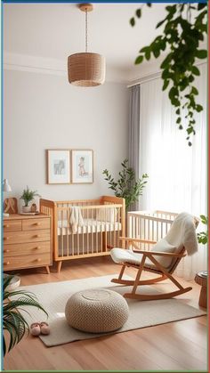 a baby's room with a rocking chair, crib and rugs on the floor