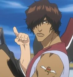 an anime character pointing at something in the air with one hand and two fingers on his hip