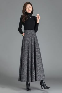 Autumn Winter Elastic Waist Wool Skirt 3787 – XiaoLizi Classy Womens Winter Outfits, Styling Skirts In Winter, Women’s Skirts, Long Skirts For Winter, Long Skirt For Winter, Winter Outfits With Midi Skirts, Wool Maxi Skirt Outfit, Long Skirt Outfits Korean Style, Long Wool Skirt Outfit