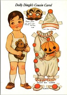 an old fashioned paper doll is holding a teddy bear and wearing a diaper with pumpkins on it