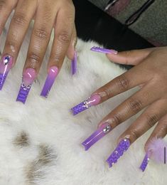 Ombre Nails With Charms, Purple Nail Sets, Purple Nail Set, Long Acrylic Nail, Nails Long Acrylic, Nails With Charms, Acrylic Nails Long, Purple Ombre Nails, Sky Nails