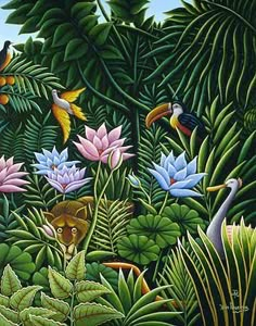 a painting of birds and flowers in the jungle