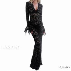 Lasaky - Seductive Lace Top Sheer Long Sleeve Dress Long Fitted Dresses, Floral Party Dress, Women Lace Dress, Flare Sleeve Dress, Fantasy Gowns, Bodycon Maxi Dresses, Lace Bodycon, Lace Evening Dresses, Black Lace Dress