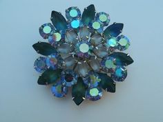 Blue and Green  Rhinestone Brooch  - Coro Vintage 1960s 2 1/4 Inch RS Brooch Pin Cute Headbands, Jewelry Pins, Vintage Jewels, Blue Rhinestones