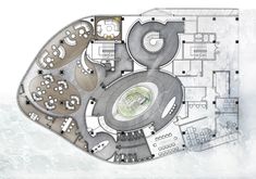 an aerial view of the floor plan for a building with multiple floors and circular seating areas