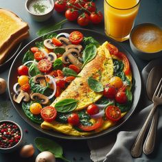 an omelet with spinach, tomatoes, mushrooms and other vegetables on a plate