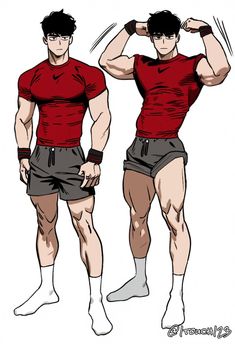 two men in red shirts and shorts standing next to each other