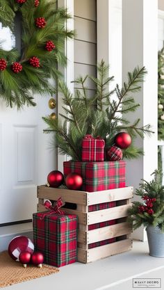 Discover 15 inspiring small front porch Christmas decor ideas to create a cozy and inviting holiday entrance. Perfect for adding festive charm to compact spaces! How To Decorate A Wagon For Christmas, Hair Studio Decor, Small Front Porch Christmas Decor, Small Front Porch Christmas, Preppy Bedroom Decor, Glam Living Room Decor, Holiday Planter, Small Front Porch