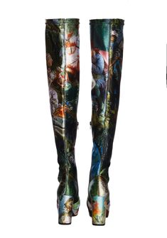 cuz you're one fine masterpiece, bb! These thigh high boots have a stretch satin construction, slight platform soles with chunky block heels, side zip closures, and a renaissance painting print all over. Demons Tattoo, Upcycle Shoes, Mood Painting, Mohair Suit, Current Mood Clothing, Fur Jackets, Christian Audigier, Boots Womens