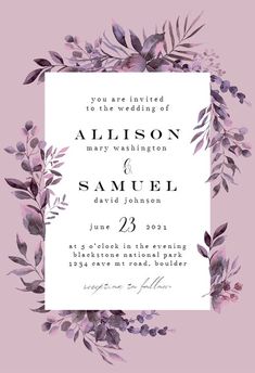 an elegant wedding card with watercolor flowers and greenery on the front in purple