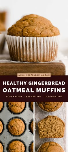 healthy gingerbread oatmeal muffins with text overlay