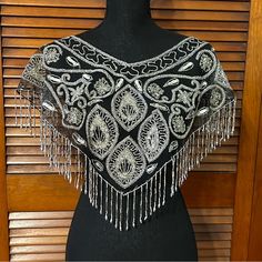 Amazing Quality Shawl, Fully Beaded. Black Mesh Featuring Paisley And Flower Designs With Shiny Fringes. Comes With Extra Beads Incase There Is A Tear. Other Listings: Gemstones Crystals Fossils Quartz Amethyst Vintage Antique Jewelry Lapel Pins Brooches Dress Jeans Skirt 925 Silver Bracelet Styles Look Fit Classy Unique Avante Garde Y2k 90s Cottagecore Academia Goth Hippie Music Festival Nature Love Gemstone Crystal Skull Fish Ammonite Trilobite Fossil Enamel Over Copper Plates Gift Birthday Mo Beaded Shawl, Goth Hippie, Cottagecore Academia, Rave Fit, Copper Plates, Hippie Music, 90s Cottagecore, Hippie Goth, Bracelet Styles