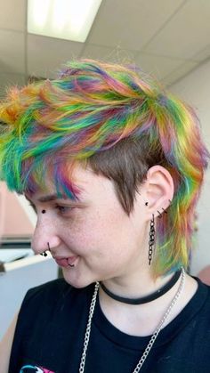 Rainbow Mullet Hair, Multicolor Short Hair, Alt Mens Haircut, Colourful Mullet, Mullet Hair Dye, Dyed Mohawk, Colorful Mullet, Orange Mohawk