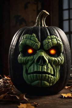 a pumpkin with an evil face on it's head and glowing eyes is shown