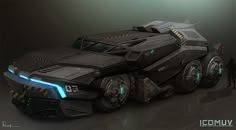 a futuristic vehicle with glowing lights on the front and side, is shown in this image