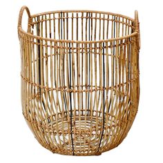 a wicker basket is shown on a white background