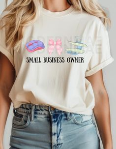 a woman wearing a t - shirt that says small business owner