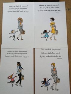 four cards with illustrations of people walking dogs