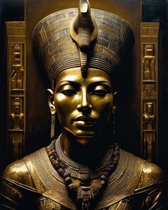 an egyptian statue is shown in gold and black colors, with the head of pharaoh tutane