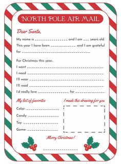 a printable christmas letter to santa from north pole air mail, with holly berries and candy canes