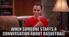 a man sitting in a chair holding a stick with the caption when someone starts a conversation about basketball